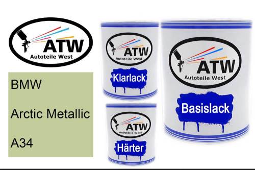 BMW, Arctic Metallic, A34: 1L Lackdose + 1L Klarlack + 500ml Härter - Set, von ATW Autoteile West.